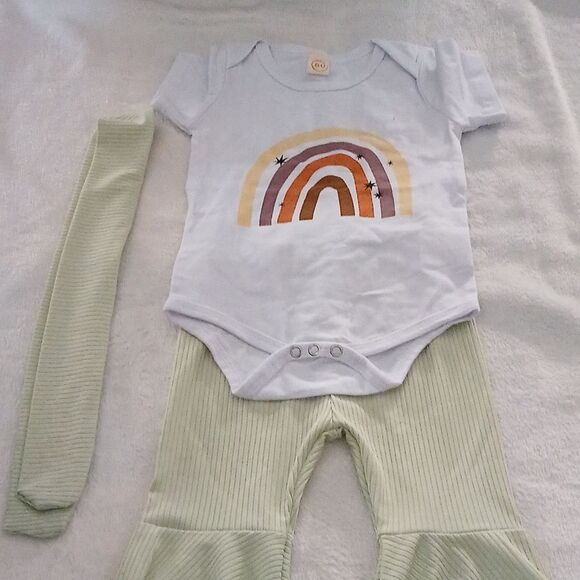 Rainbow and sage bellbottom pants with sash for headband  Sz 80 (9-12 months) - Picture 2 of 9